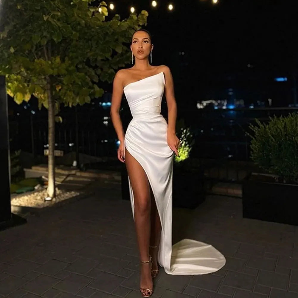 Ivory Party Gowns Sheath Strapless Floor Length Front/Side Slit Evening Dresses Sweep/Brush Sleeveless Fold Ruffle