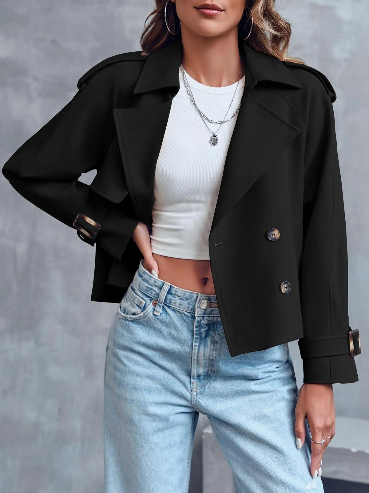 Tanming Women'S Crop Double Breasted Trench Coat Short Cropped Jacket | Raglan Sleeve,Work,Office,Dressy Casual,Pockets,Trench Jacket,Trendy,Spring,Fall