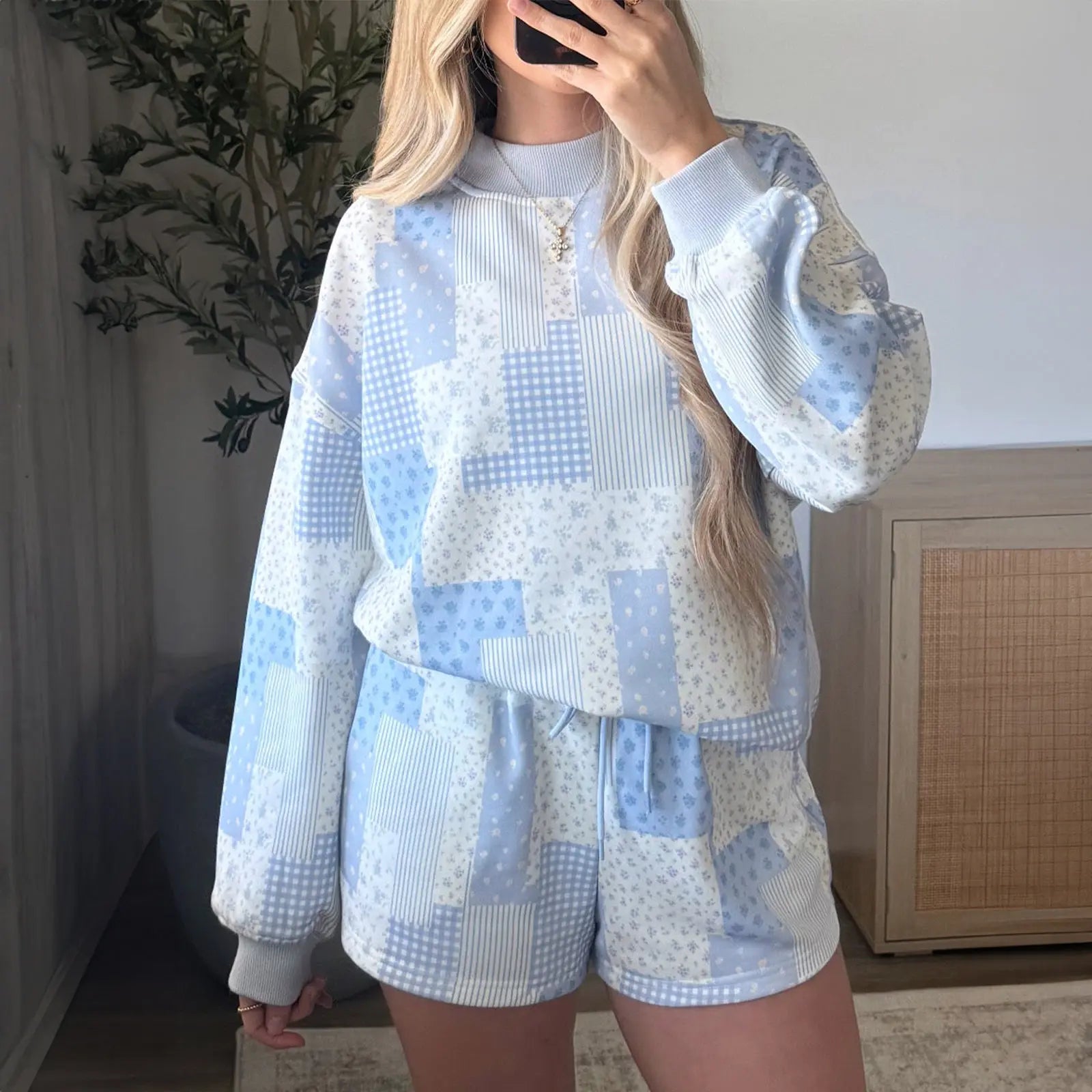 Asvivid Women Spring Fall Cozy Floral Patchwork Loungewear Two Piece Set Relaxed Drop Shoulder Ribbed Neck Long Sleeve Pullover Elastic Drawstring Shorts Casual Daily Matching Outfit Womenswear Sohochic