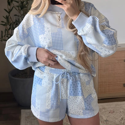 Asvivid Women Spring Fall Cozy Floral Patchwork Loungewear Two Piece Set Relaxed Drop Shoulder Ribbed Neck Long Sleeve Pullover Elastic Drawstring Shorts Casual Daily Matching Outfit Womenswear Sohochic