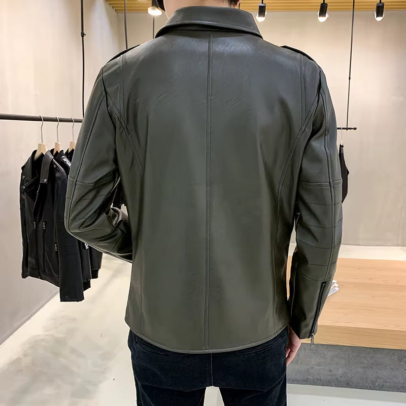 Slim Fit Leather Motorcycle Jacket for Men in Black and Wine Red