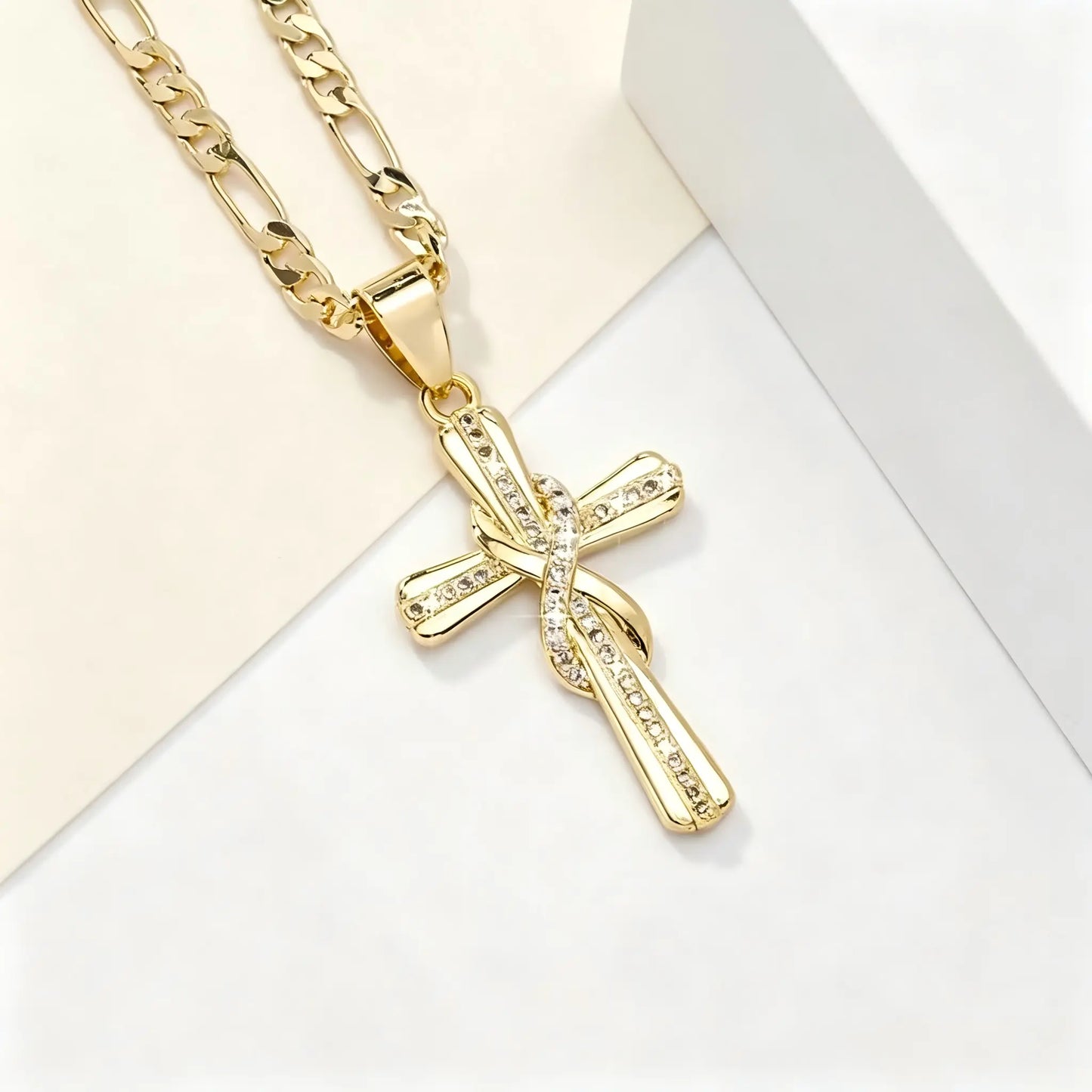 14K Gold Plated Figaro Chain Cross Necklace for Men Women, Infinity Twist Paved Cubic Zirconia Cross Pendant, Tarnish Resistant Religious Faith Fashion Jewelry Gift