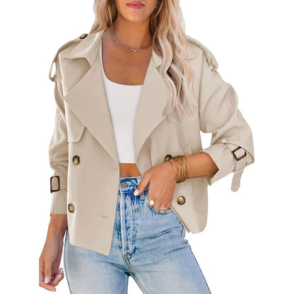 Tanming Women'S Crop Double Breasted Trench Coat Short Cropped Jacket | Raglan Sleeve,Work,Office,Dressy Casual,Pockets,Trench Jacket,Trendy,Spring,Fall