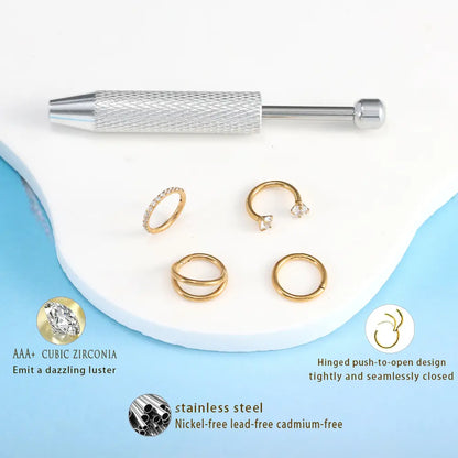 4Pcs 16G 316L Stainless Steel Nose Piercing Kit,Seamless Nose Rings Zircon Small Hoop Rook Piercing Jewelry Nose Jewelry with Professional Piercing Tools Body Piercing Cartilage Tragus Conch Earrings for Women Men for Daily Wear, Party, Festival