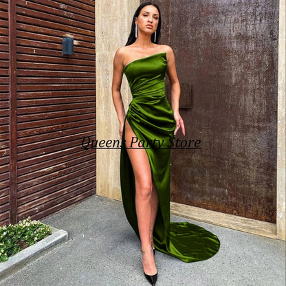 Ivory Party Gowns Sheath Strapless Floor Length Front/Side Slit Evening Dresses Sweep/Brush Sleeveless Fold Ruffle