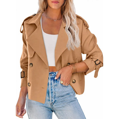 Tanming Women'S Crop Double Breasted Trench Coat Short Cropped Jacket | Raglan Sleeve,Work,Office,Dressy Casual,Pockets,Trench Jacket,Trendy,Spring,Fall
