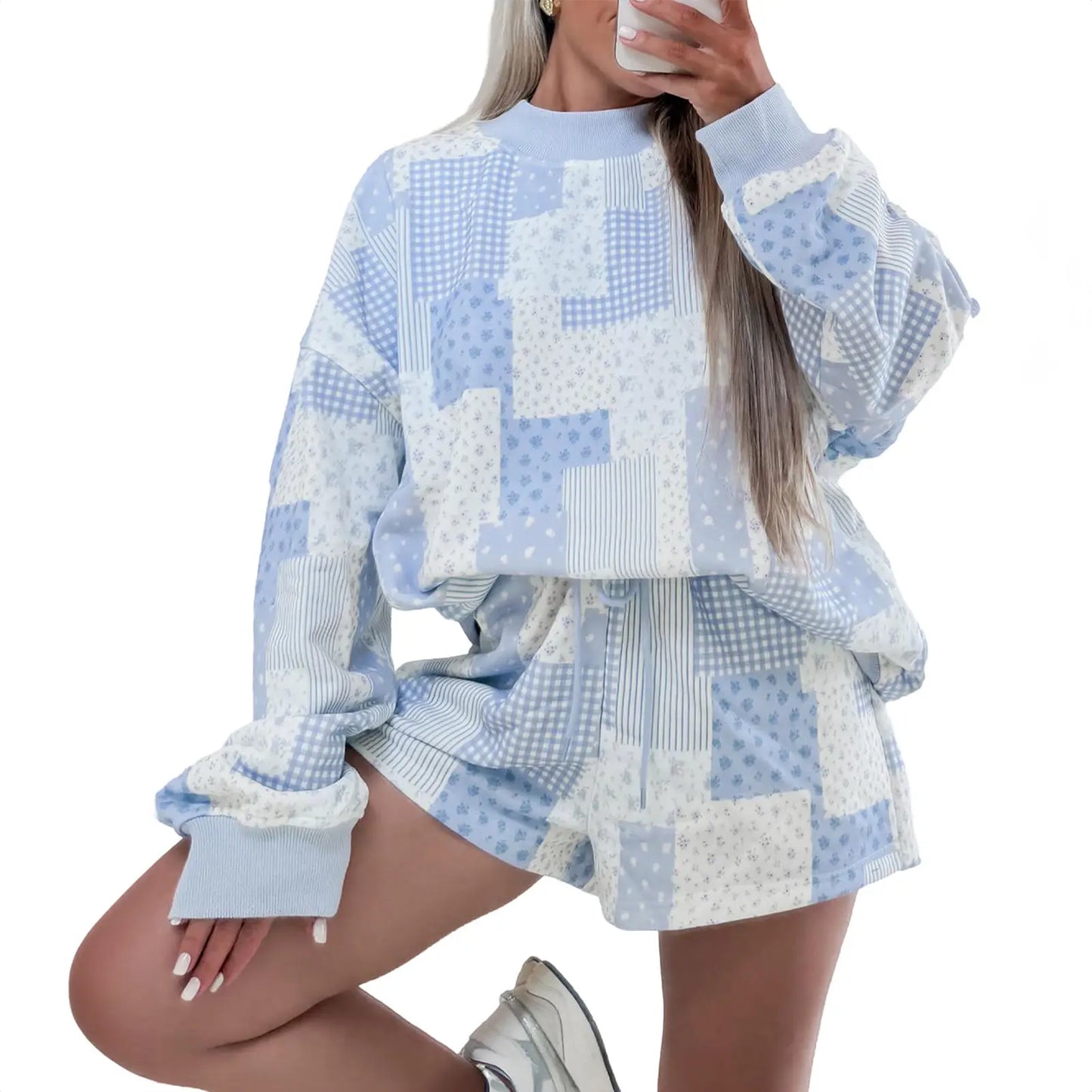 Asvivid Women Spring Fall Cozy Floral Patchwork Loungewear Two Piece Set Relaxed Drop Shoulder Ribbed Neck Long Sleeve Pullover Elastic Drawstring Shorts Casual Daily Matching Outfit Womenswear Sohochic