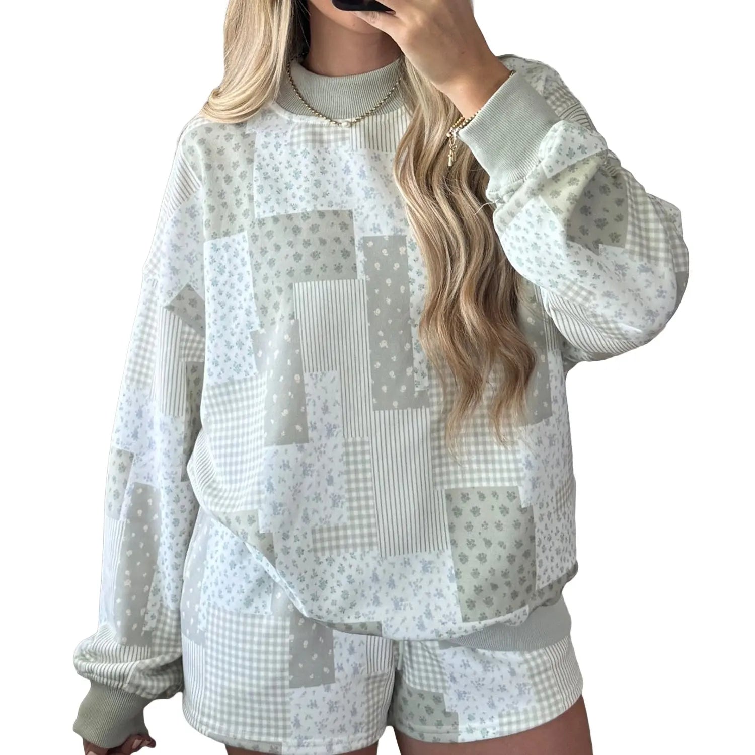 Asvivid Women Spring Fall Cozy Floral Patchwork Loungewear Two Piece Set Relaxed Drop Shoulder Ribbed Neck Long Sleeve Pullover Elastic Drawstring Shorts Casual Daily Matching Outfit Womenswear Sohochic