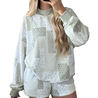 Asvivid Women Spring Fall Cozy Floral Patchwork Loungewear Two Piece Set Relaxed Drop Shoulder Ribbed Neck Long Sleeve Pullover Elastic Drawstring Shorts Casual Daily Matching Outfit Womenswear Sohochic