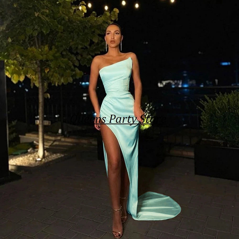 Ivory Party Gowns Sheath Strapless Floor Length Front/Side Slit Evening Dresses Sweep/Brush Sleeveless Fold Ruffle