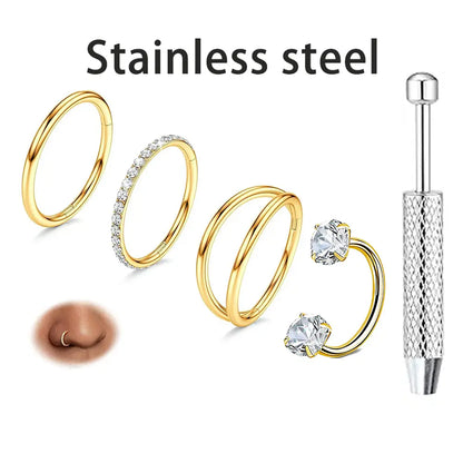 4Pcs 16G 316L Stainless Steel Nose Piercing Kit,Seamless Nose Rings Zircon Small Hoop Rook Piercing Jewelry Nose Jewelry with Professional Piercing Tools Body Piercing Cartilage Tragus Conch Earrings for Women Men for Daily Wear, Party, Festival