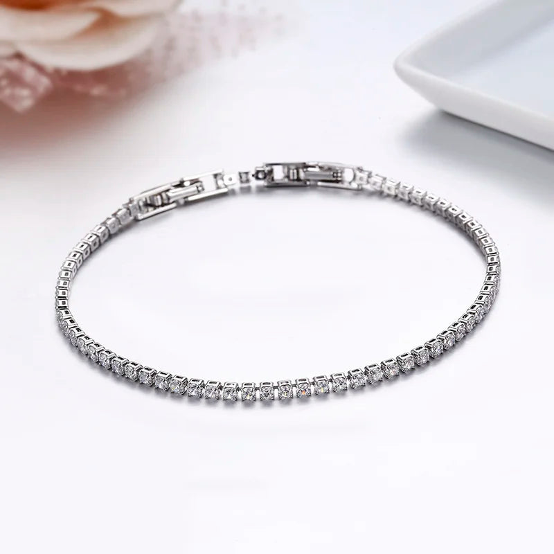 13.5-17Cm 2Mm Full White CZ Chain Thin Tennis Bracelets for Women Girls Friend Brass White Gold Colour Jewelry Pulsera Bracciali