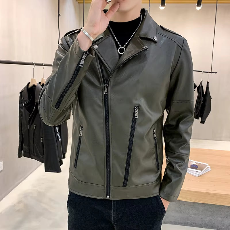 Slim Fit Leather Motorcycle Jacket for Men in Black and Wine Red