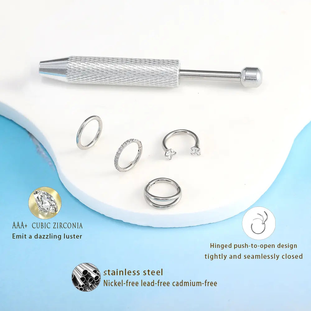 4Pcs 16G 316L Stainless Steel Nose Piercing Kit,Seamless Nose Rings Zircon Small Hoop Rook Piercing Jewelry Nose Jewelry with Professional Piercing Tools Body Piercing Cartilage Tragus Conch Earrings for Women Men for Daily Wear, Party, Festival