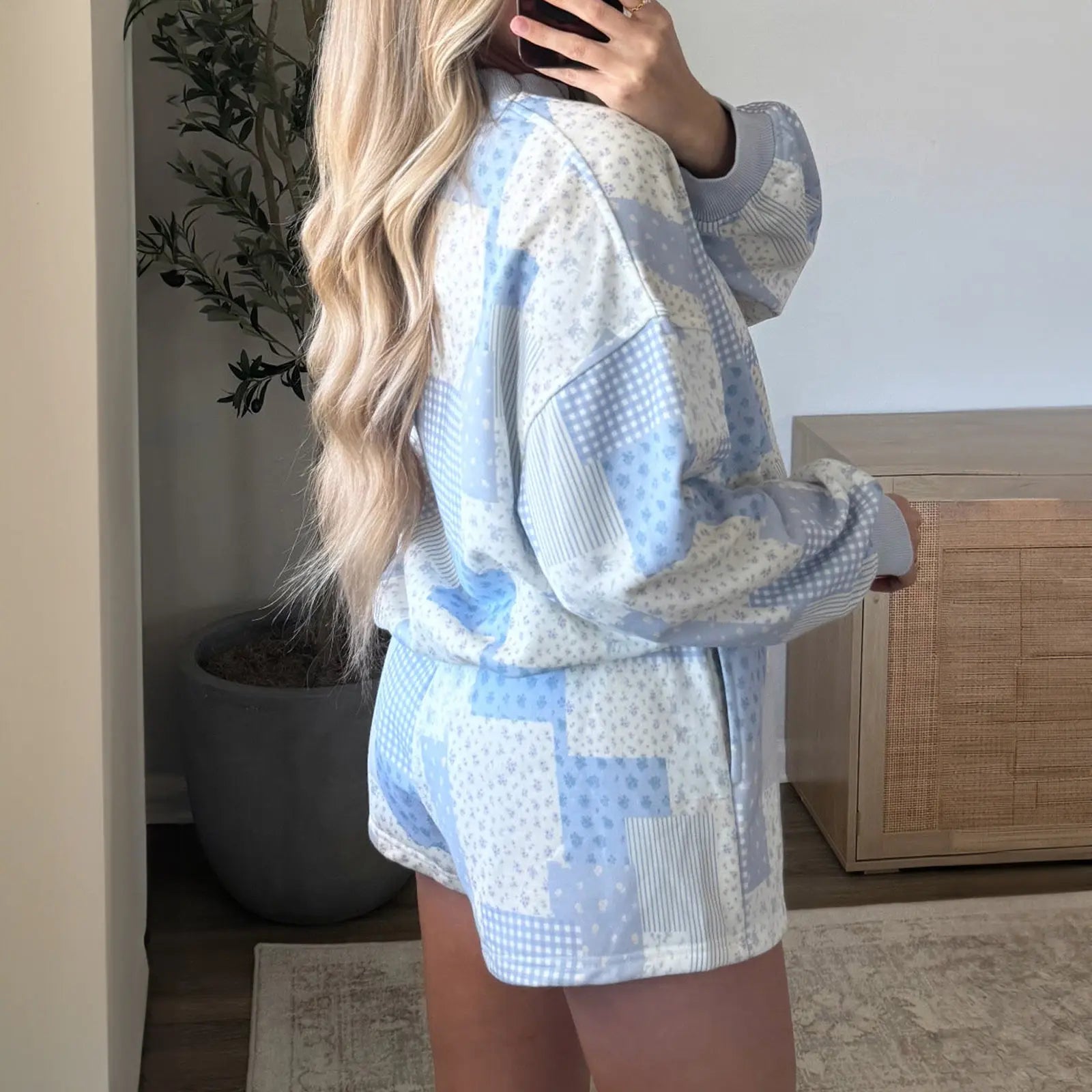 Asvivid Women Spring Fall Cozy Floral Patchwork Loungewear Two Piece Set Relaxed Drop Shoulder Ribbed Neck Long Sleeve Pullover Elastic Drawstring Shorts Casual Daily Matching Outfit Womenswear Sohochic