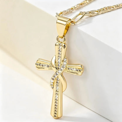 14K Gold Plated Figaro Chain Cross Necklace for Men Women, Infinity Twist Paved Cubic Zirconia Cross Pendant, Tarnish Resistant Religious Faith Fashion Jewelry Gift