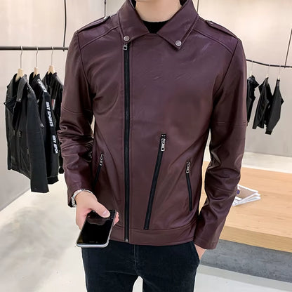 Slim Fit Leather Motorcycle Jacket for Men in Black and Wine Red
