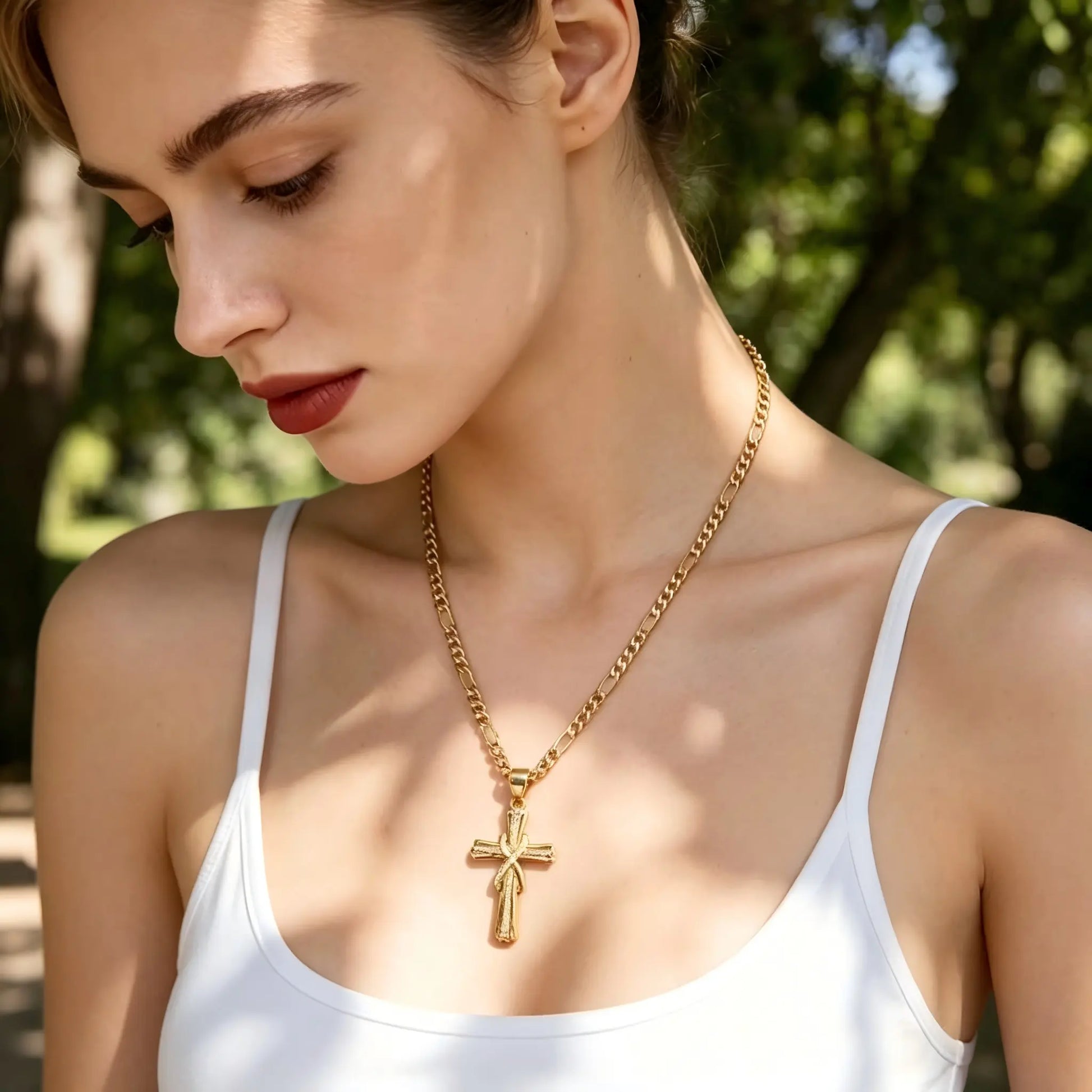 14K Gold Plated Figaro Chain Cross Necklace for Men Women, Infinity Twist Paved Cubic Zirconia Cross Pendant, Tarnish Resistant Religious Faith Fashion Jewelry Gift
