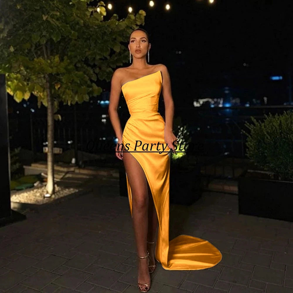 Ivory Party Gowns Sheath Strapless Floor Length Front/Side Slit Evening Dresses Sweep/Brush Sleeveless Fold Ruffle