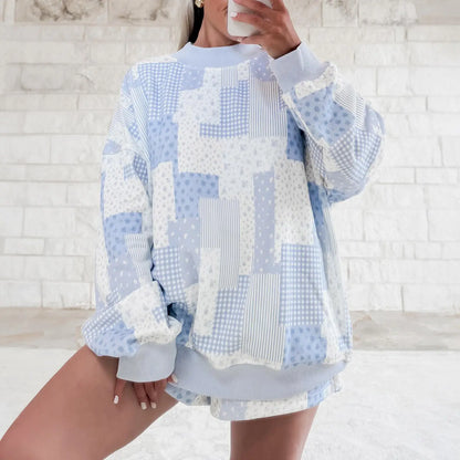 Asvivid Women Spring Fall Cozy Floral Patchwork Loungewear Two Piece Set Relaxed Drop Shoulder Ribbed Neck Long Sleeve Pullover Elastic Drawstring Shorts Casual Daily Matching Outfit Womenswear Sohochic