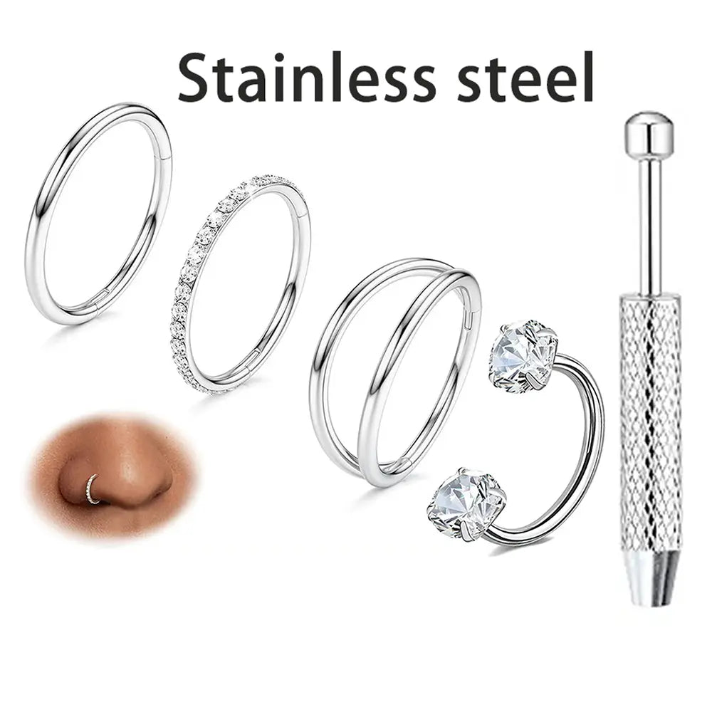 4Pcs 16G 316L Stainless Steel Nose Piercing Kit,Seamless Nose Rings Zircon Small Hoop Rook Piercing Jewelry Nose Jewelry with Professional Piercing Tools Body Piercing Cartilage Tragus Conch Earrings for Women Men for Daily Wear, Party, Festival