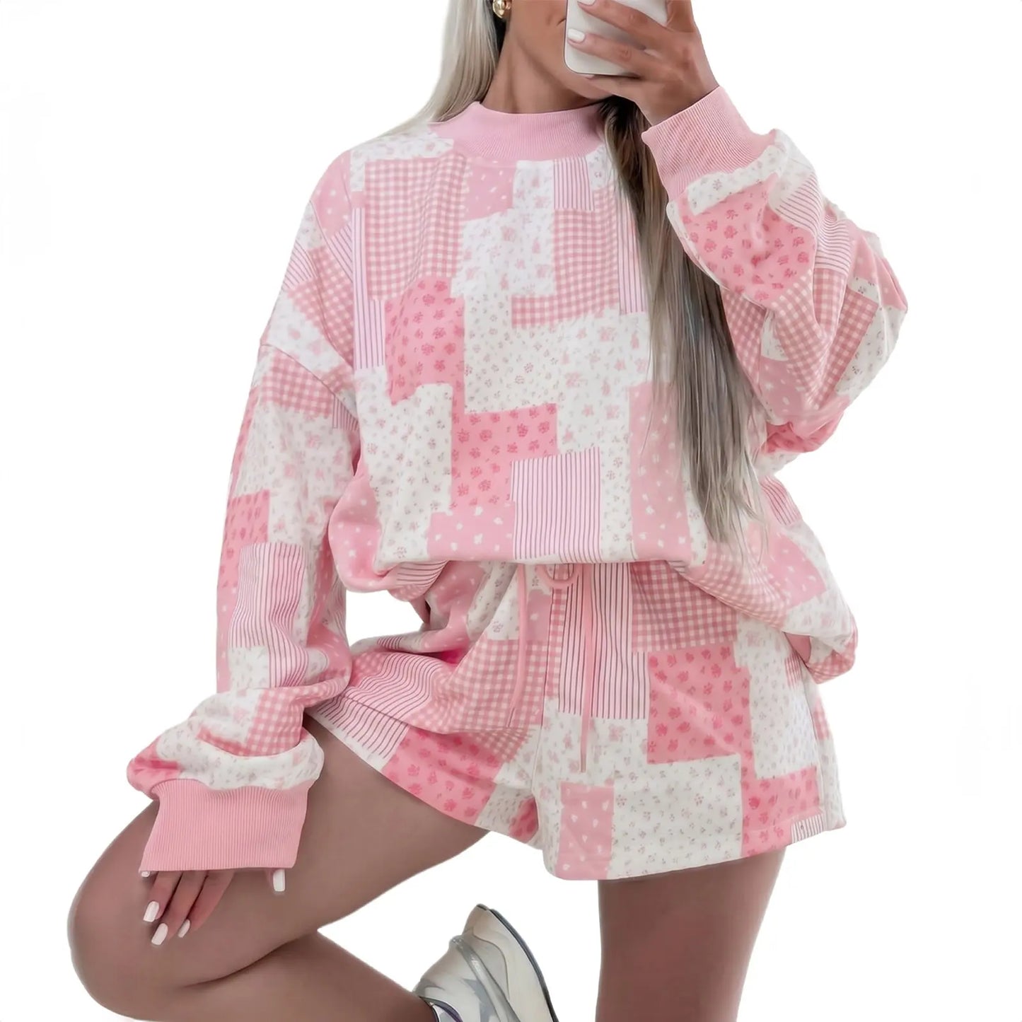 Asvivid Women Spring Fall Cozy Floral Patchwork Loungewear Two Piece Set Relaxed Drop Shoulder Ribbed Neck Long Sleeve Pullover Elastic Drawstring Shorts Casual Daily Matching Outfit Womenswear Sohochic