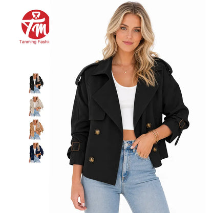 Tanming Women'S Crop Double Breasted Trench Coat Short Cropped Jacket | Raglan Sleeve,Work,Office,Dressy Casual,Pockets,Trench Jacket,Trendy,Spring,Fall