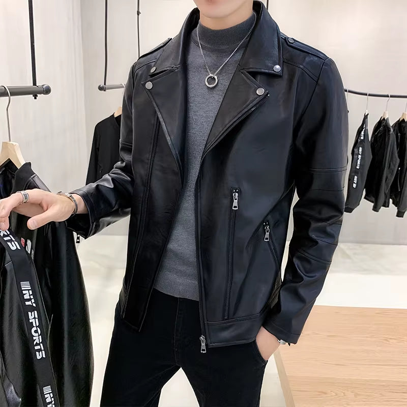 Slim Fit Leather Motorcycle Jacket for Men in Black and Wine Red